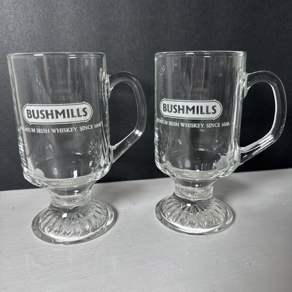 2 Old Bushmills Irish Whiskey Irish Coffee glass Mug Cups With Pedestal Etched - Picture 2 of 7
